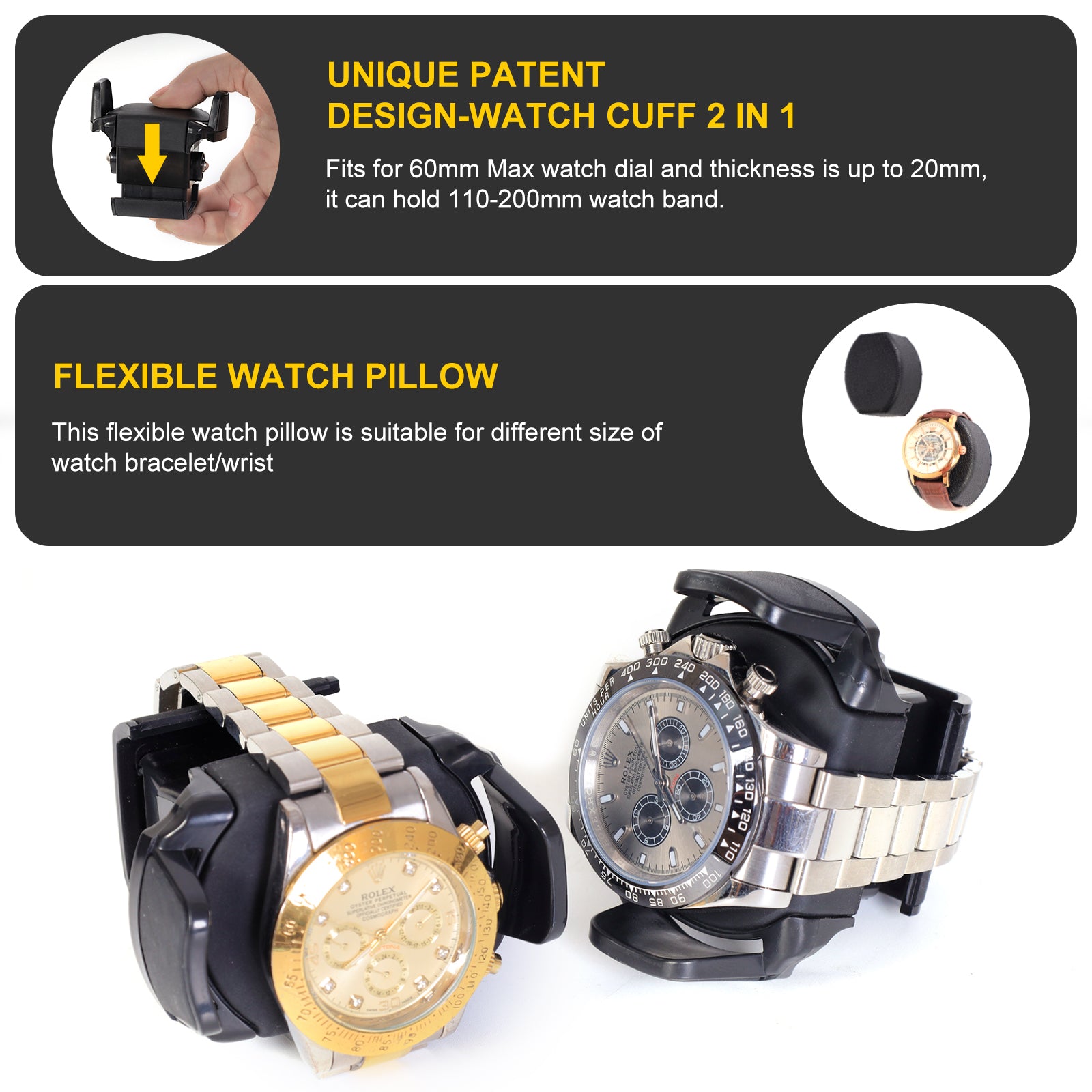 Kompakter Uhrenbeweger für 2 Uhren mit Aufbewahrung für 3 Uhren – Schwarz