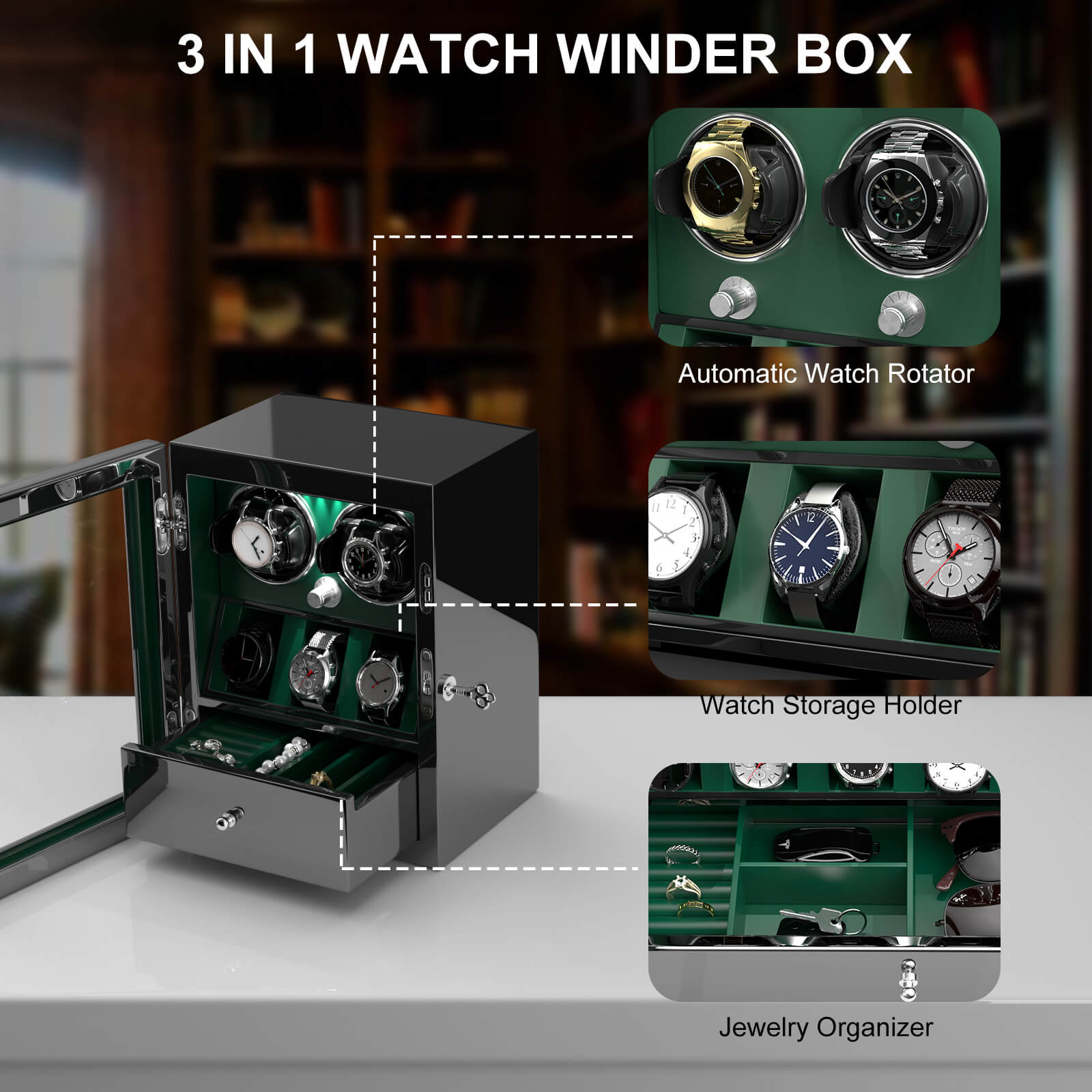 Compact 2 Watch Winders with 3 Watches Organizer Quiet Mabuchi Motor - Green